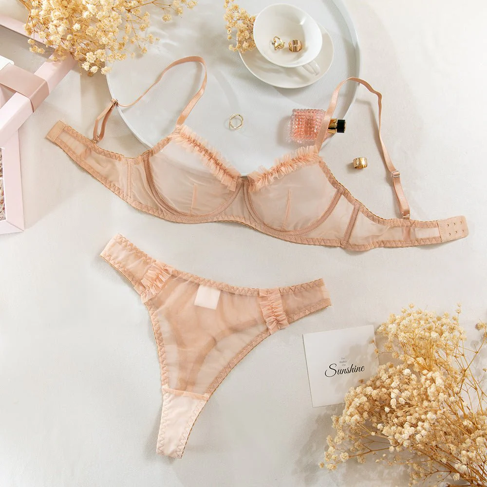 The Subtle Allure | Mesh Pleated Lace Steel Ring Gathered Bra Set FD - Image 7