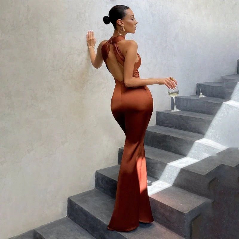 The Sultry Curve | Solid Color Halter Backless Fishtail Maxi Dress - Image 2
