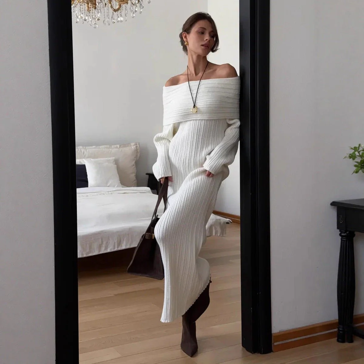 The Sultry Glow | Off-Shoulder Long-Sleeve High-Waist Hip Wrap Maxi Dress