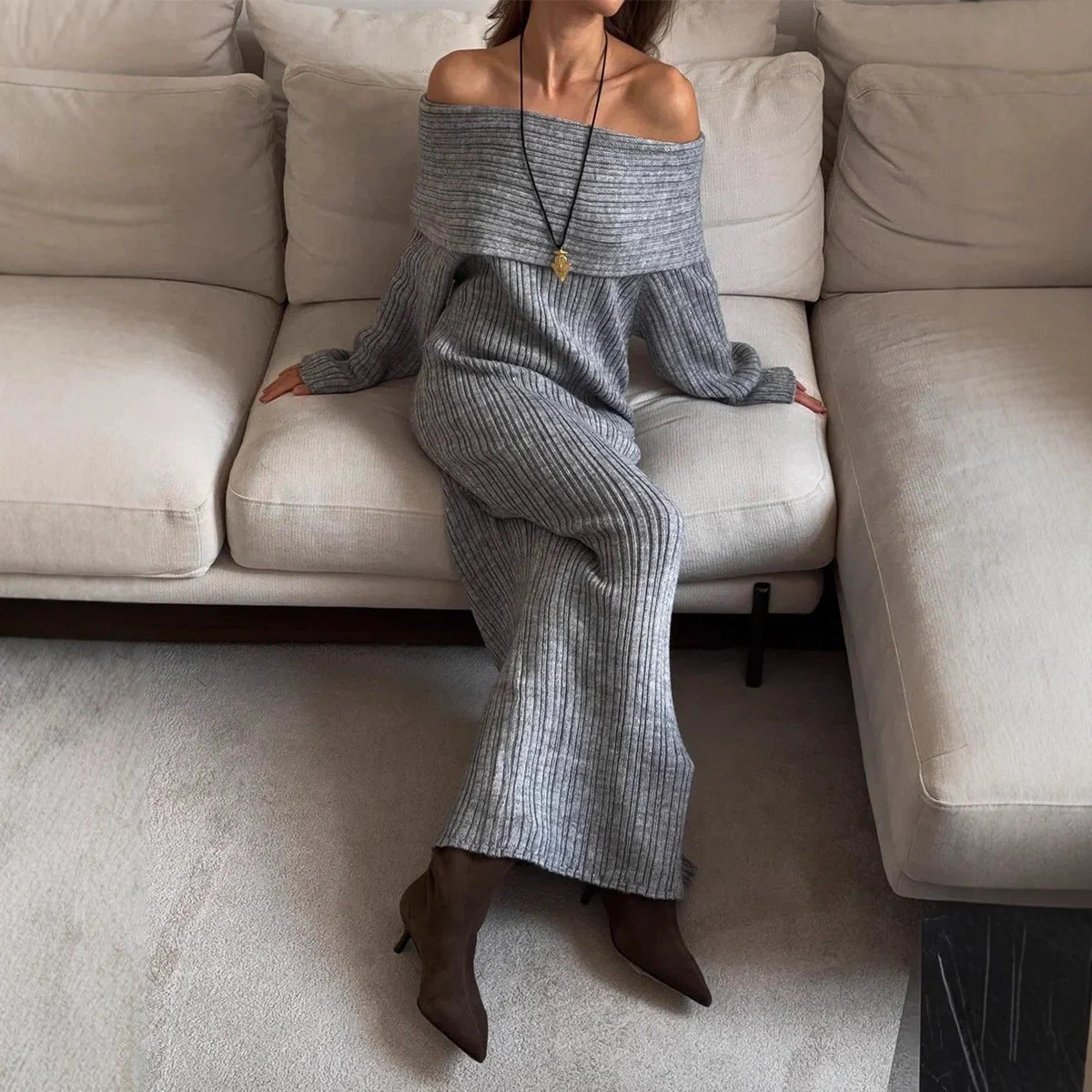 The Sultry Glow | Off-Shoulder Long-Sleeve High-Waist Hip Wrap Maxi Dress - Image 2