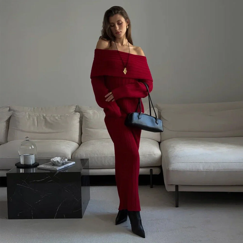 The Sultry Glow | Off-Shoulder Long-Sleeve High-Waist Hip Wrap Maxi Dress - Image 3