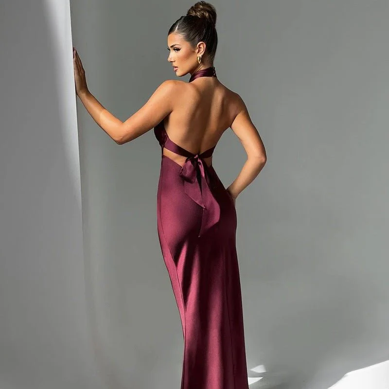The Sultry Grace | Solid Color Halter Backless Maxi Dress - Image 14