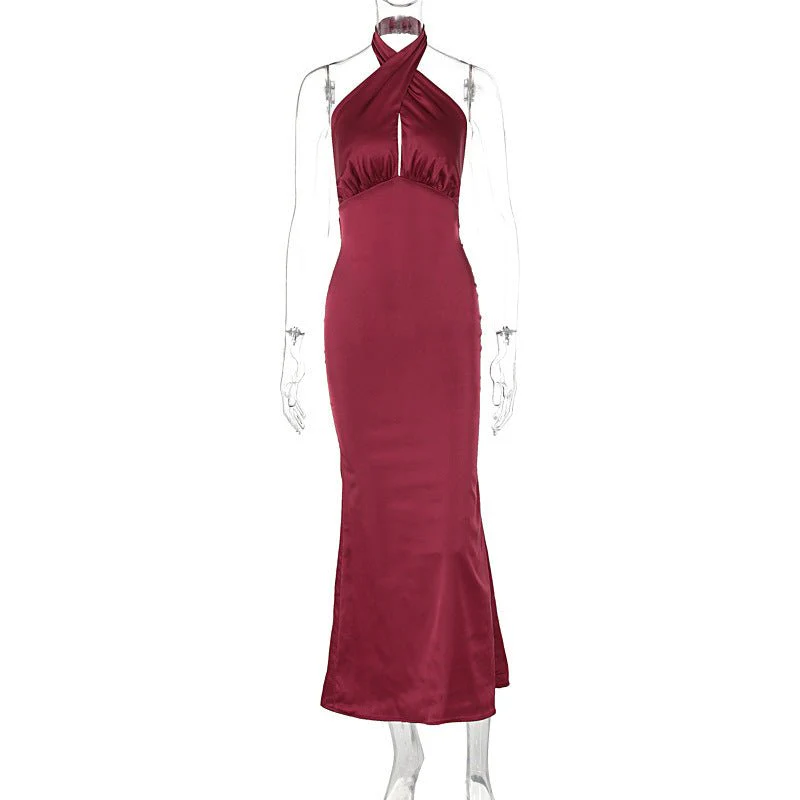 The Sultry Grace | Solid Color Halter Backless Maxi Dress - Image 2