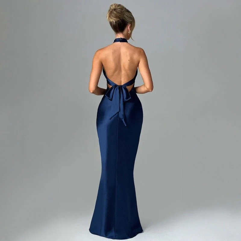 The Sultry Grace | Solid Color Halter Backless Maxi Dress - Image 4