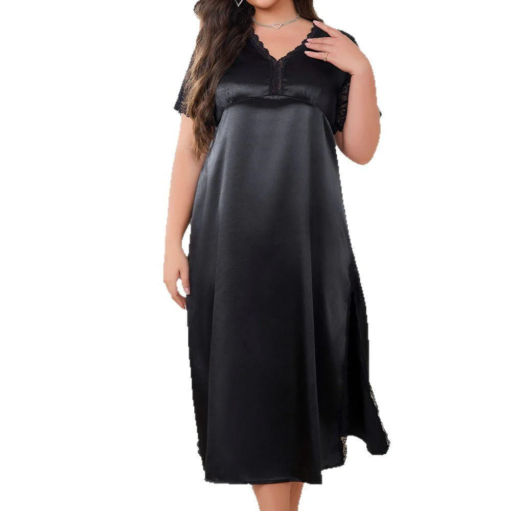The Sultry Split | Women's Plus-Size Ice Silk Long V-Neck Nightdress - Image 5