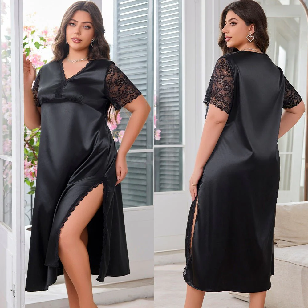 The Sultry Split | Women's Plus-Size Ice Silk Long V-Neck Nightdress - Image 6