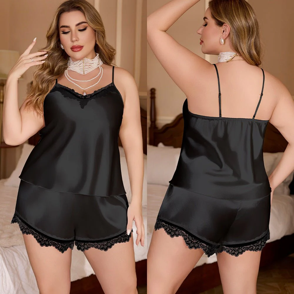 The Sultry Whisper | Women's Plus-Size Ice Silk Lace Suspender Shorts Set - Image 6