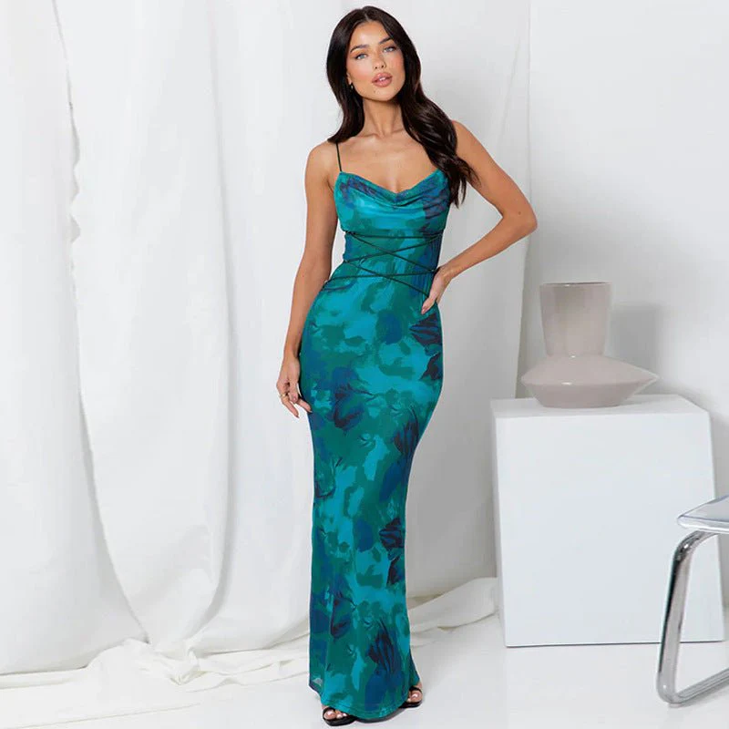 The Swing Seduction | Women's Printed Backless Suspender Maxi Dress