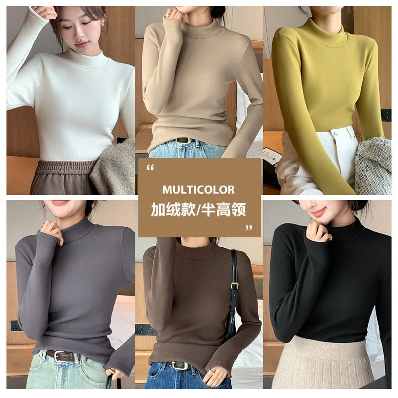 The Thermal Elegance | Solid Color Semi-Turtleneck Fleece-Lined Knit Top - Image 2
