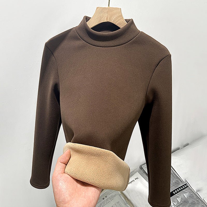 The Thermal Elegance | Solid Color Semi-Turtleneck Fleece-Lined Knit Top - Image 8