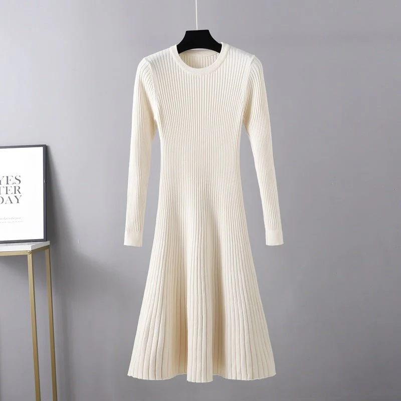 The Timeless Knit | Solid Color Long-Sleeve Round Neck Midi Dress FD - Image 2