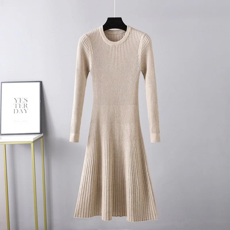 The Timeless Knit | Solid Color Long-Sleeve Round Neck Midi Dress FD - Image 3