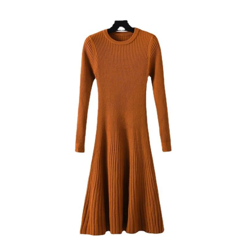 The Timeless Knit | Solid Color Long-Sleeve Round Neck Midi Dress FD - Image 5