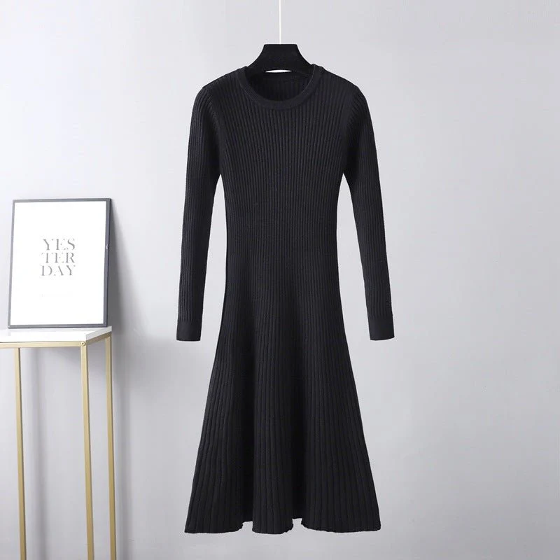 The Timeless Knit | Solid Color Long-Sleeve Round Neck Midi Dress FD - Image 6