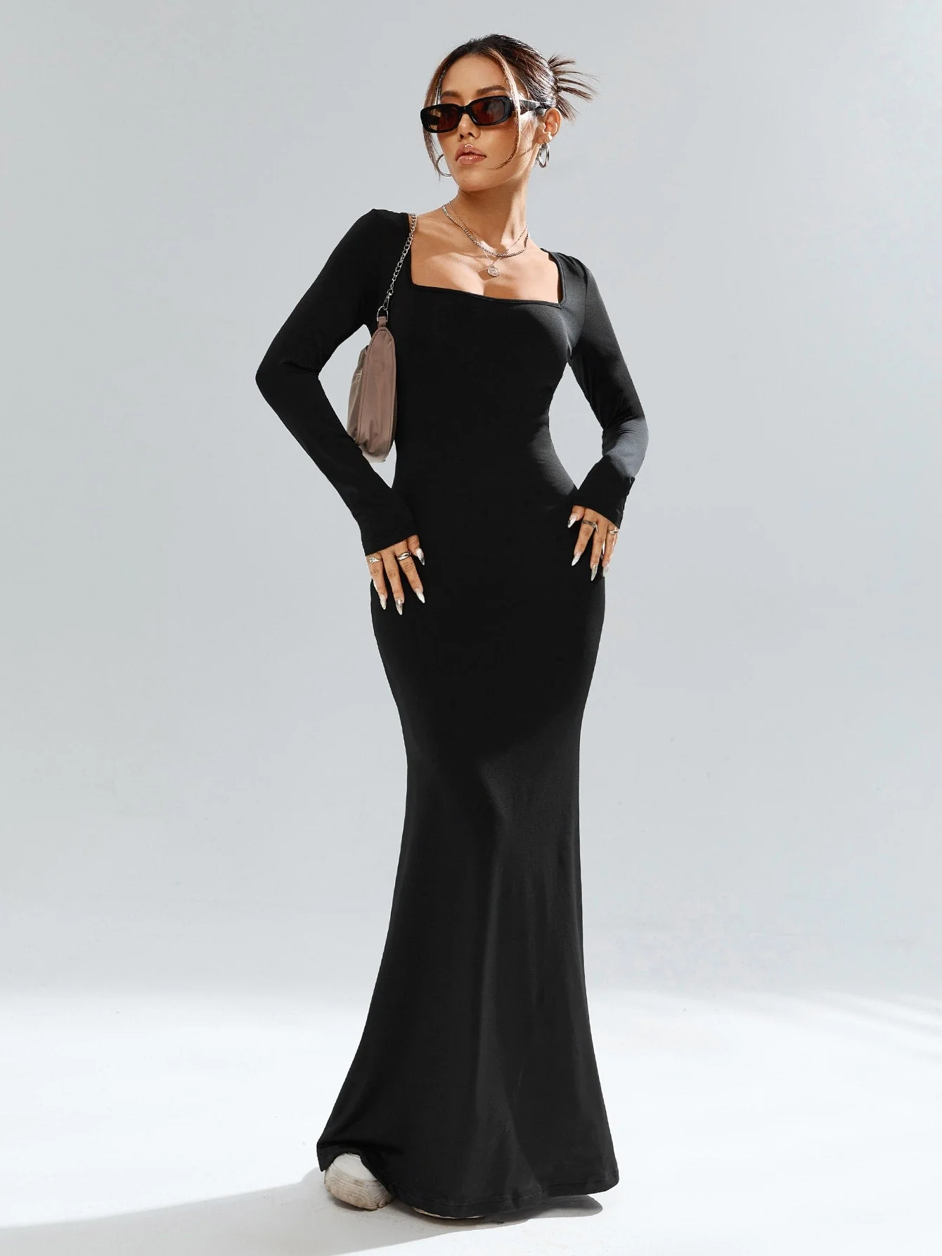 The Timeless Mermaid | Solid Black Turtleneck Long-Sleeve Bodycon Maxi Dress