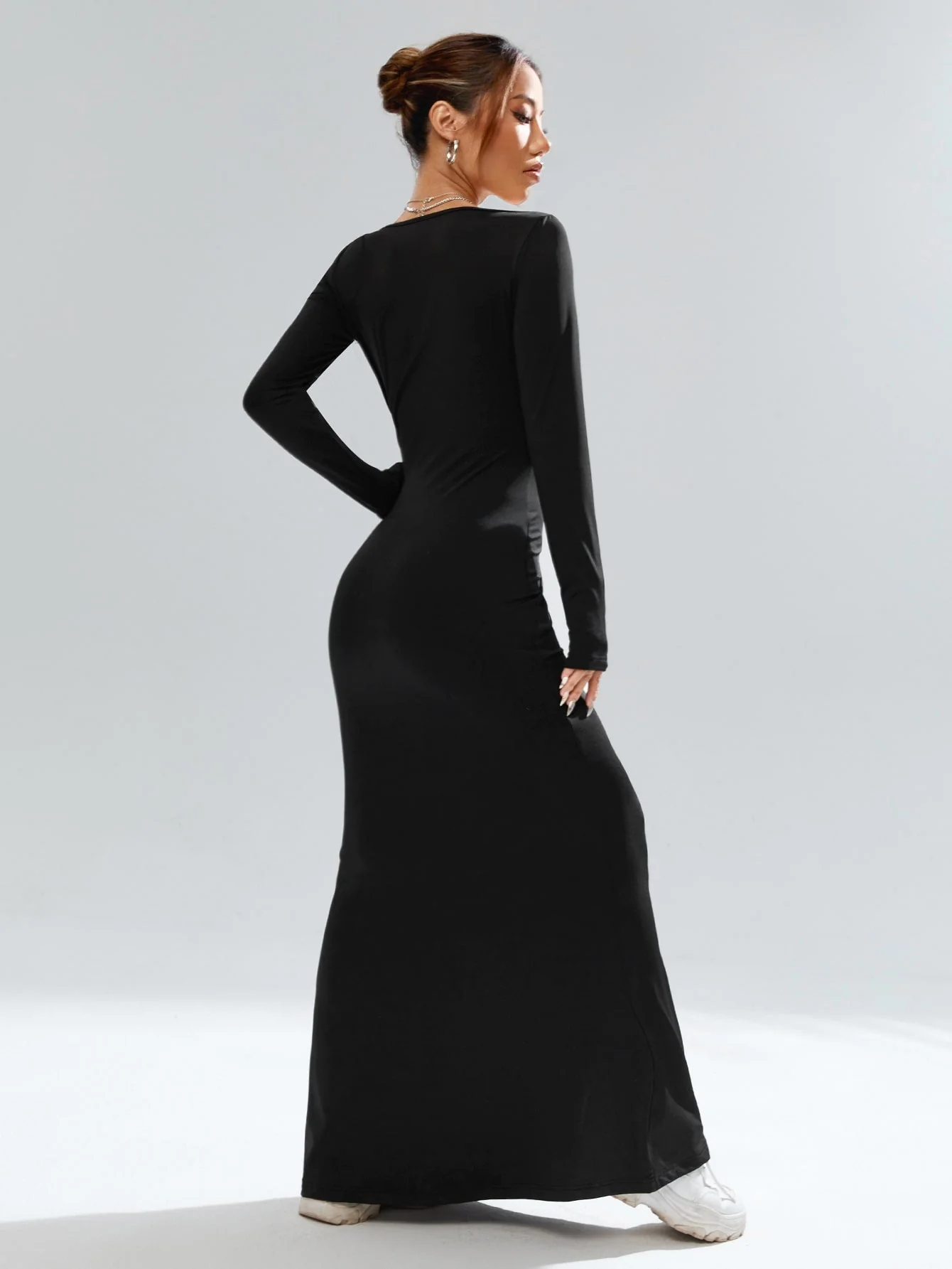 The Timeless Mermaid | Solid Black Turtleneck Long-Sleeve Bodycon Maxi Dress - Image 2