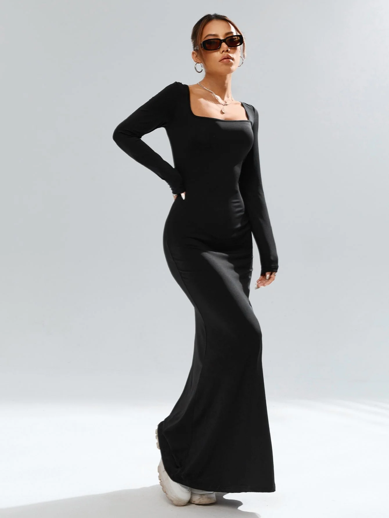 The Timeless Mermaid | Solid Black Turtleneck Long-Sleeve Bodycon Maxi Dress - Image 5