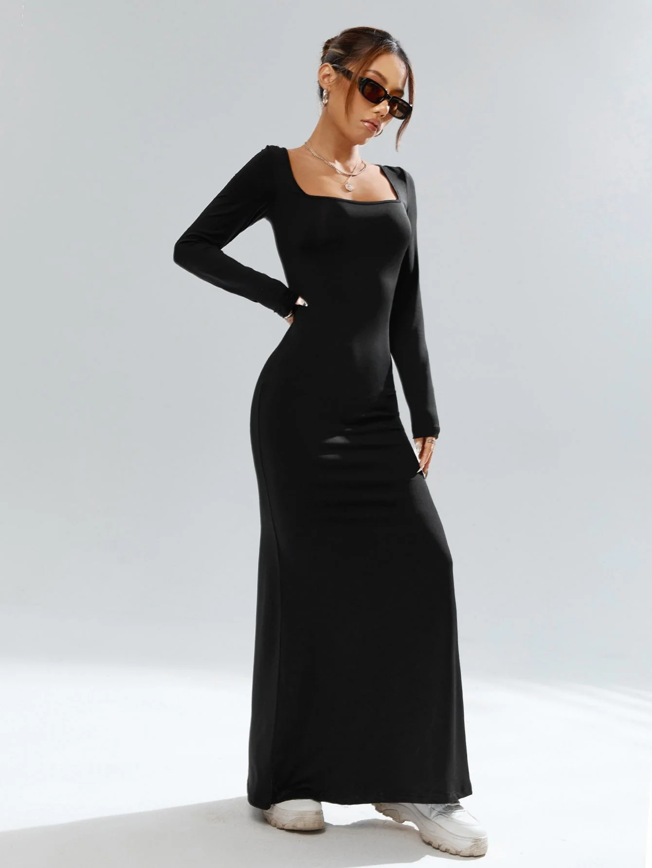 The Timeless Mermaid | Solid Black Turtleneck Long-Sleeve Bodycon Maxi Dress - Image 6