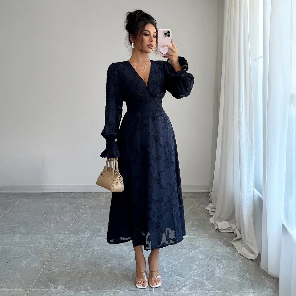 The Timeless Navy | Solid Color V-Neck A-Line Long Dress