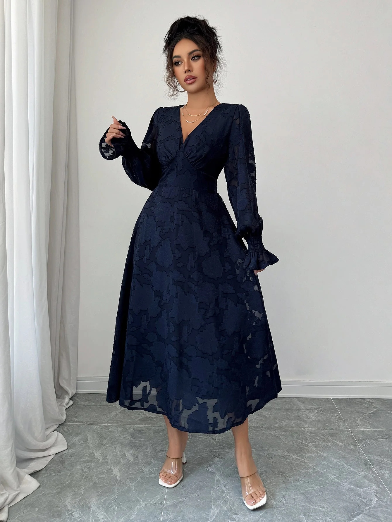 The Timeless Navy | Solid Color V-Neck A-Line Long Dress - Image 6