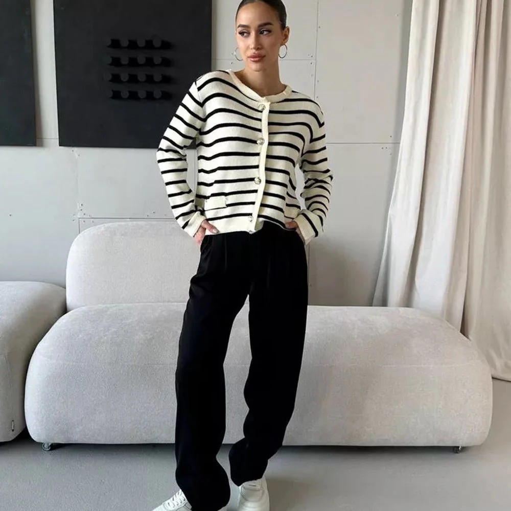 The Timeless Stripe | Women's Round Neck Striped Knit Cardigan - Image 2