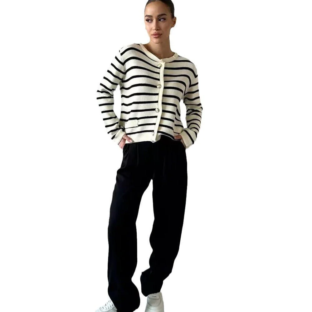 The Timeless Stripe | Women's Round Neck Striped Knit Cardigan - Image 7