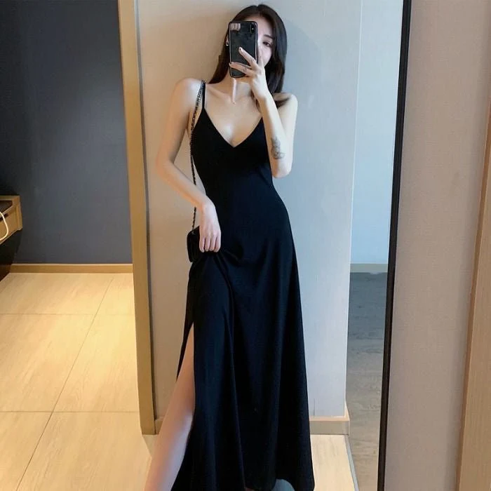The Timeless Temptation | Solid Color V-Neck Suspender Midi Dress - Image 6