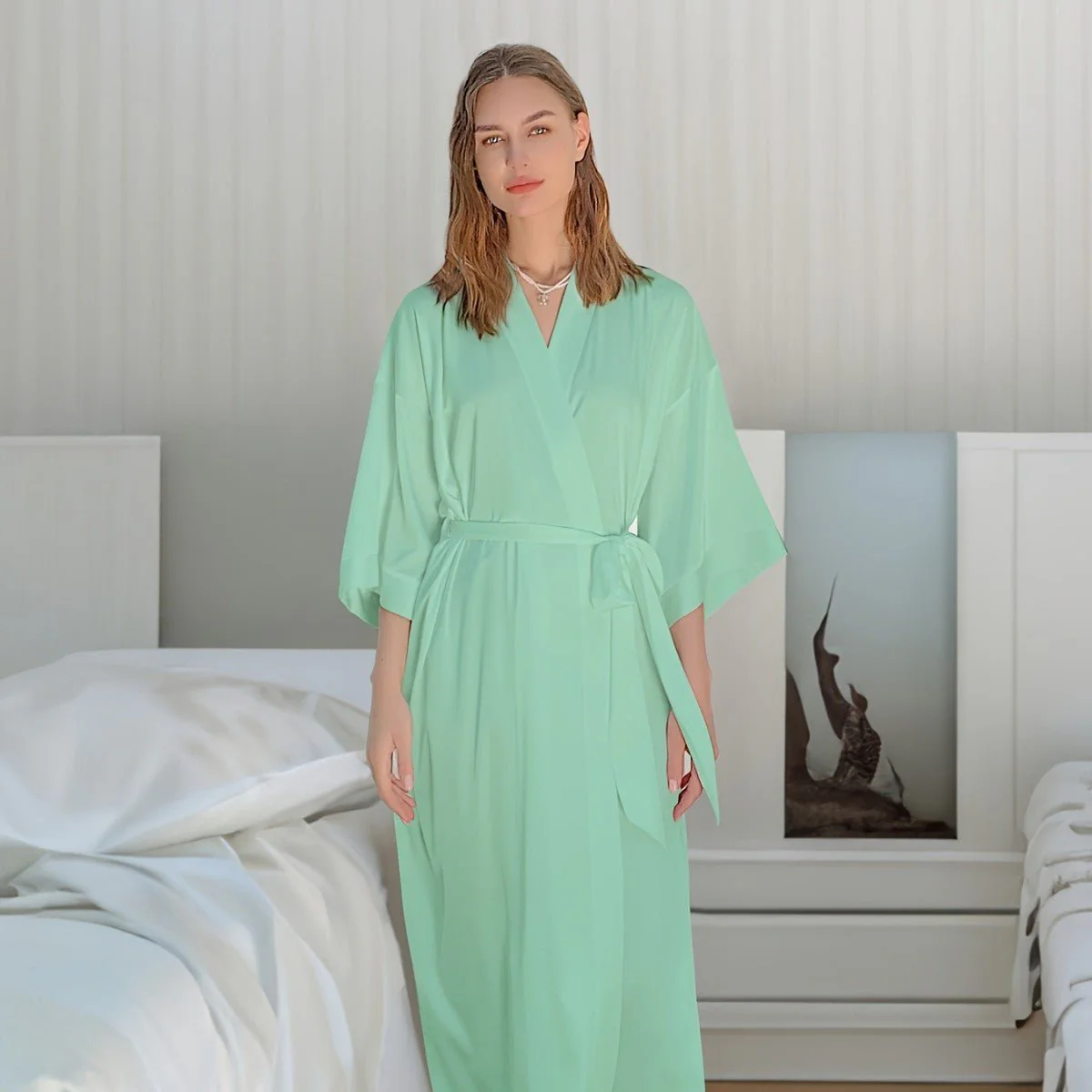 The Tranquil Flow | Women's Ice Silk Long V-Neck Pajama & Bathrobe Set