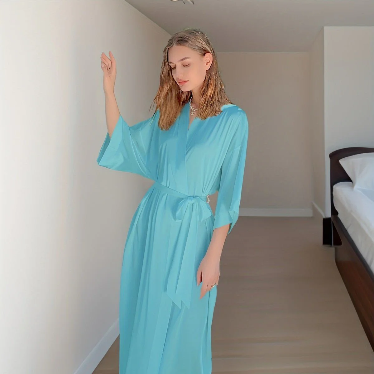The Tranquil Flow | Women's Ice Silk Long V-Neck Pajama & Bathrobe Set - Image 2