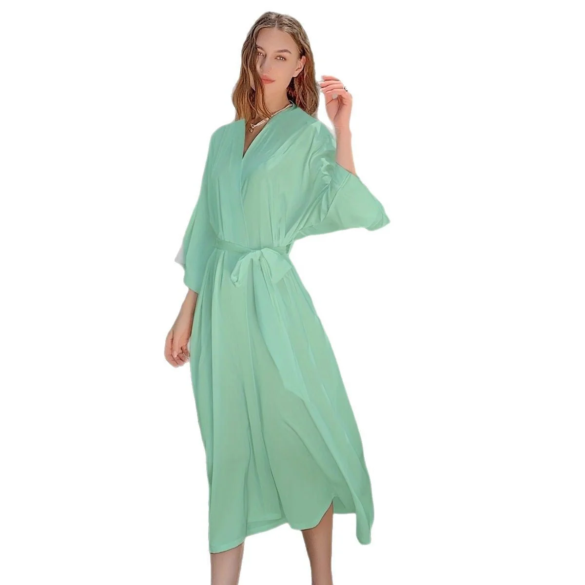 The Tranquil Flow | Women's Ice Silk Long V-Neck Pajama & Bathrobe Set - Image 3