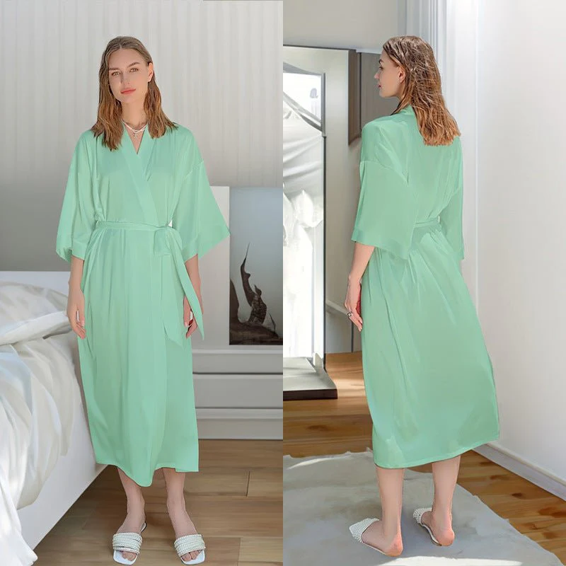 The Tranquil Flow | Women's Ice Silk Long V-Neck Pajama & Bathrobe Set - Image 4