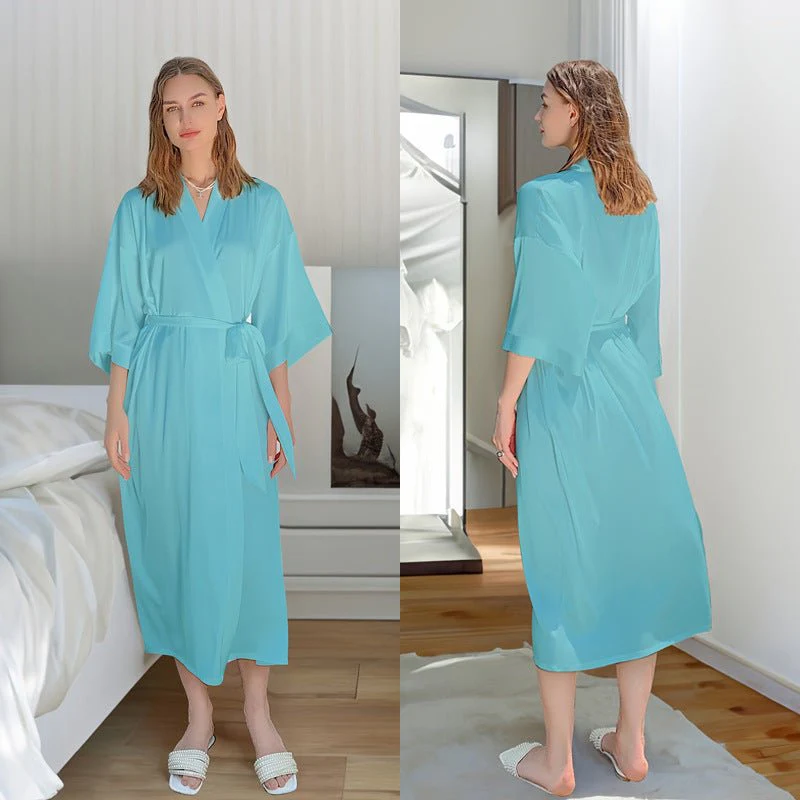 The Tranquil Flow | Women's Ice Silk Long V-Neck Pajama & Bathrobe Set - Image 5