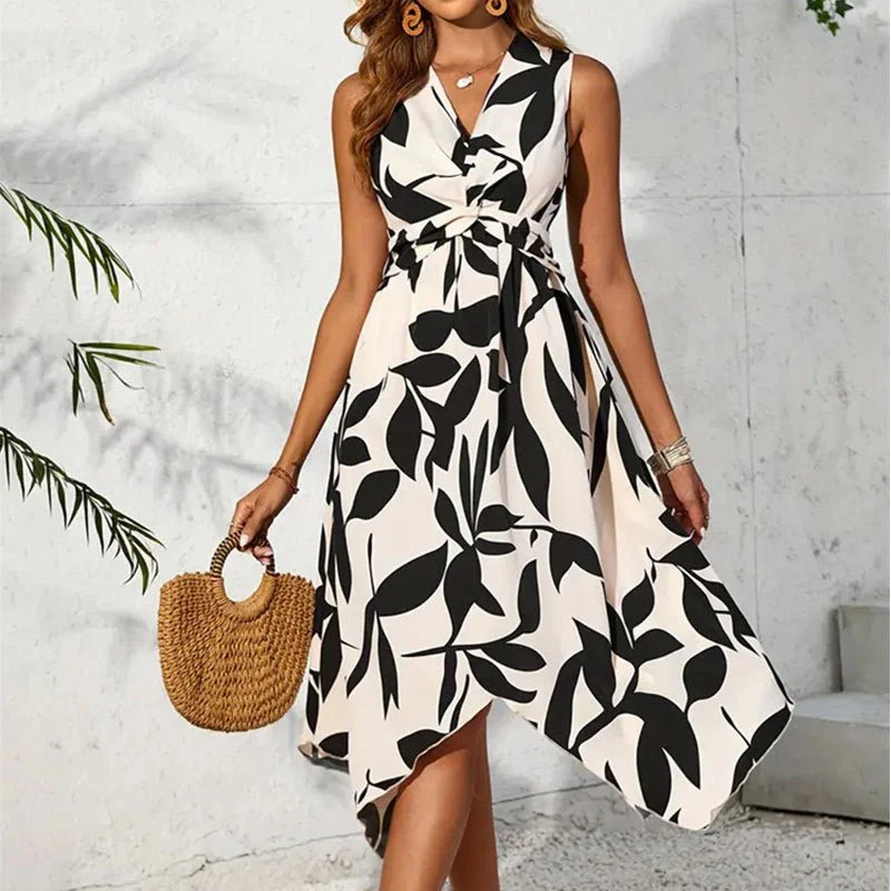 The Twisted Bloom | Floral Leaf Print Twist Irregular Midi Dress - Image 14