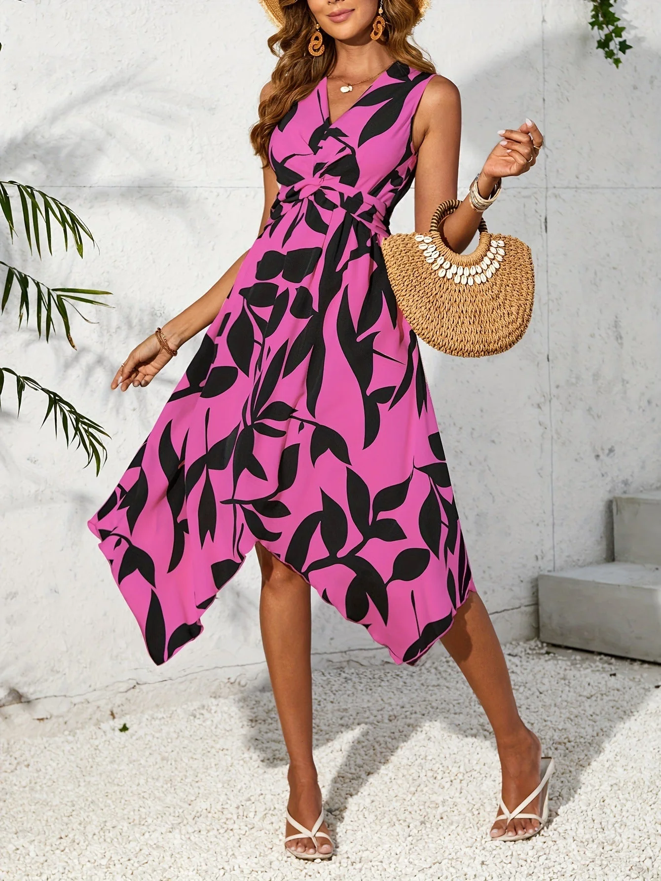 The Twisted Bloom | Floral Leaf Print Twist Irregular Midi Dress - Image 3