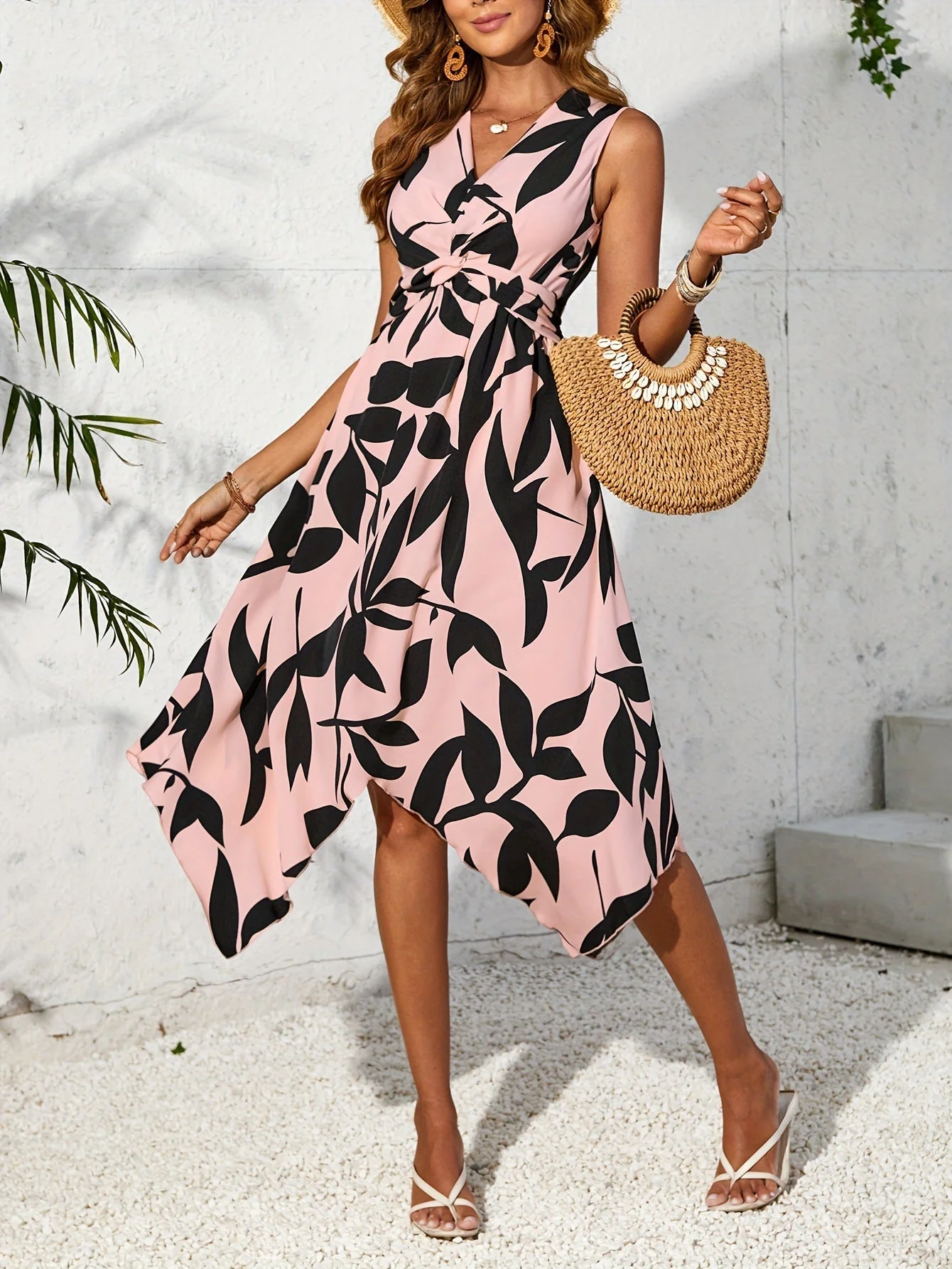 The Twisted Bloom | Floral Leaf Print Twist Irregular Midi Dress - Image 8