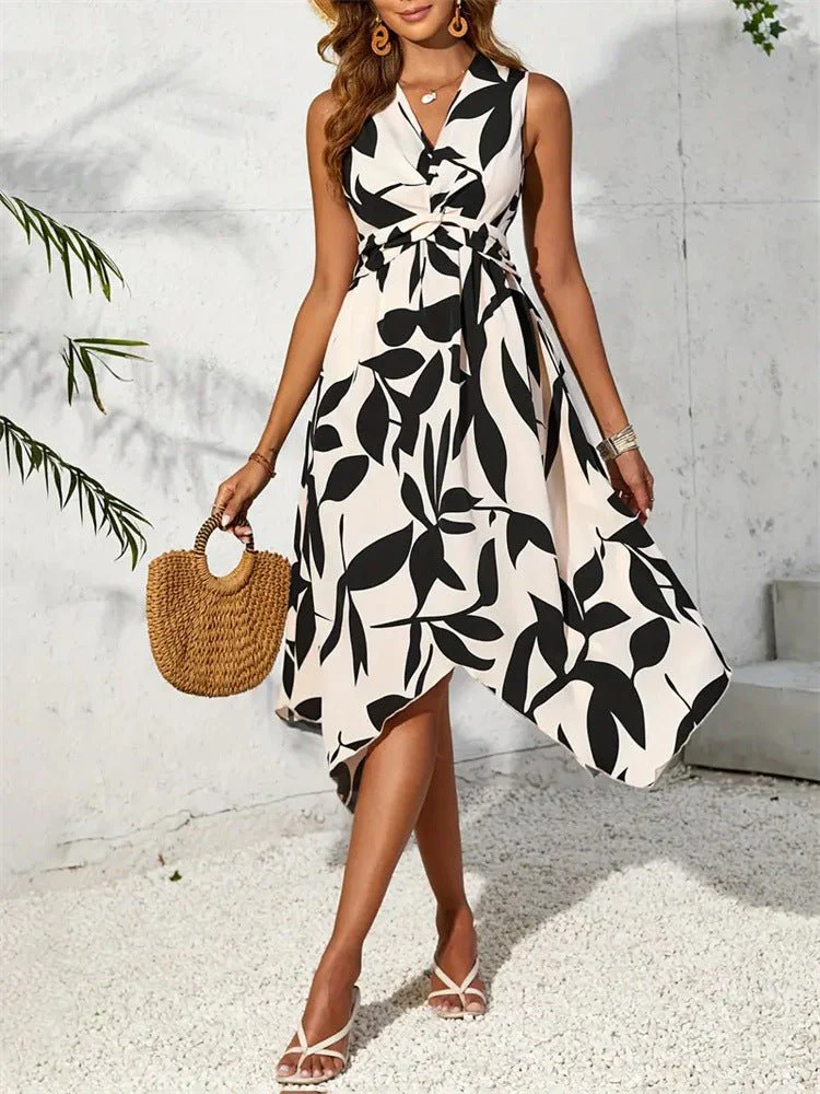 The Twisted Bloom | Floral Leaf Print Twist Irregular Midi Dress - Image 9