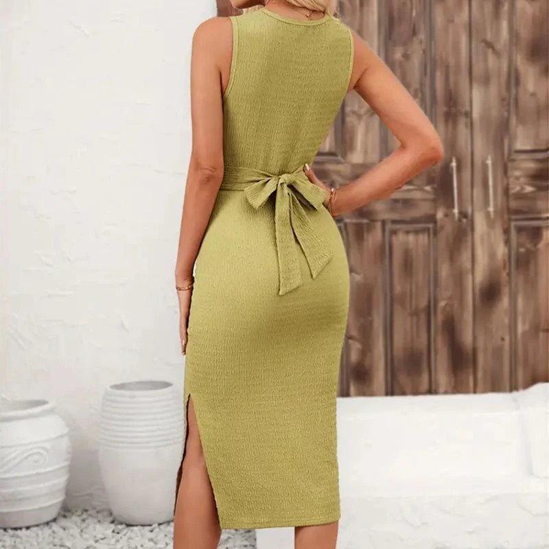 The Twisted Elegance | Solid Color Twisted Tie Bow Sleeveless Midi Dress - Image 13