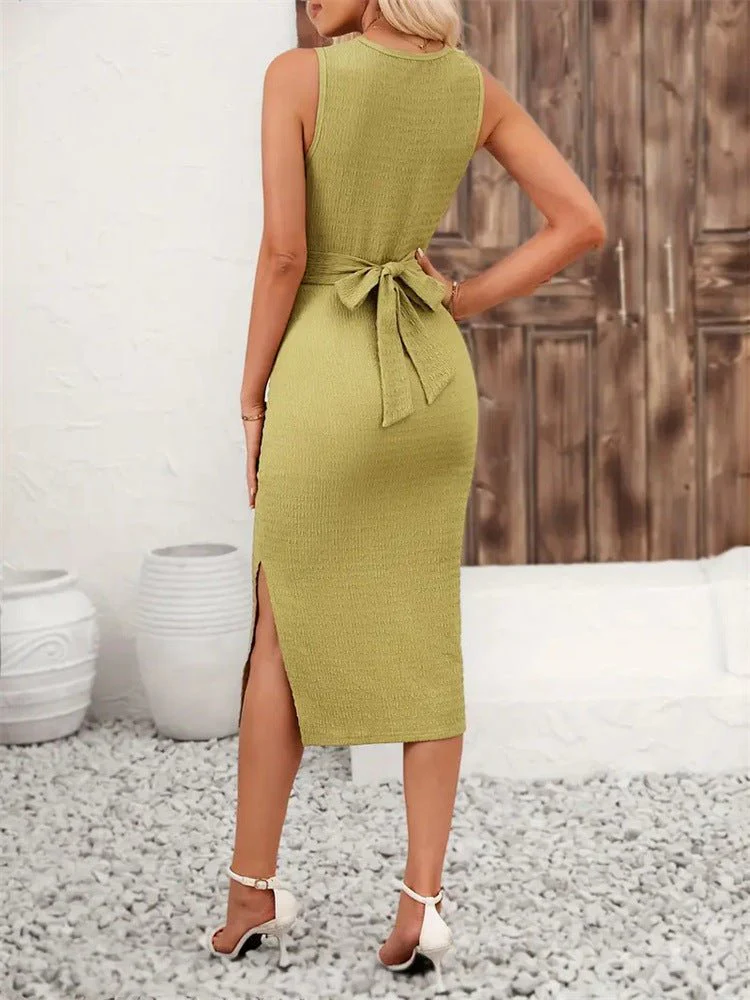 The Twisted Elegance | Solid Color Twisted Tie Bow Sleeveless Midi Dress - Image 6