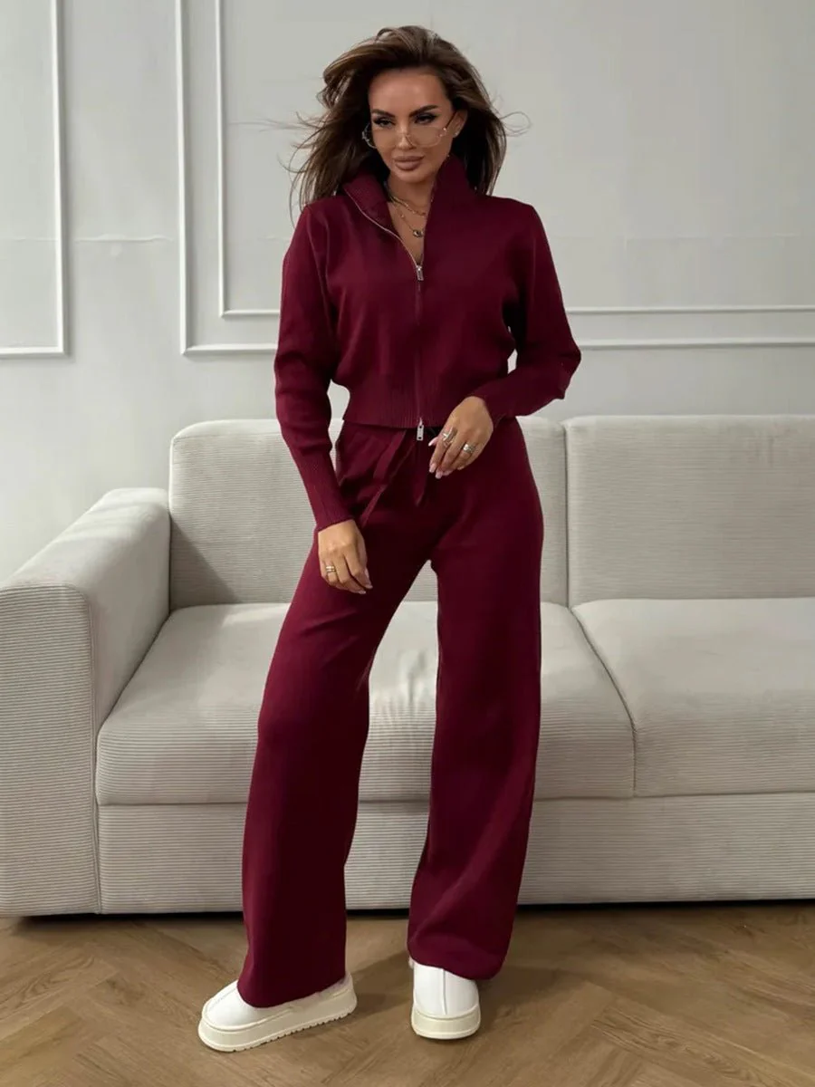 The Urban Cozy | Solid Color Knit Zipper Two-Piece Set