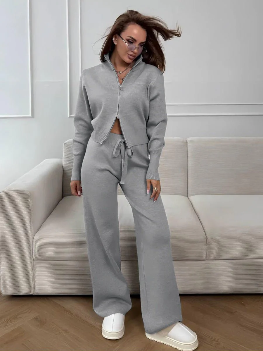 The Urban Cozy | Solid Color Knit Zipper Two-Piece Set - Image 6