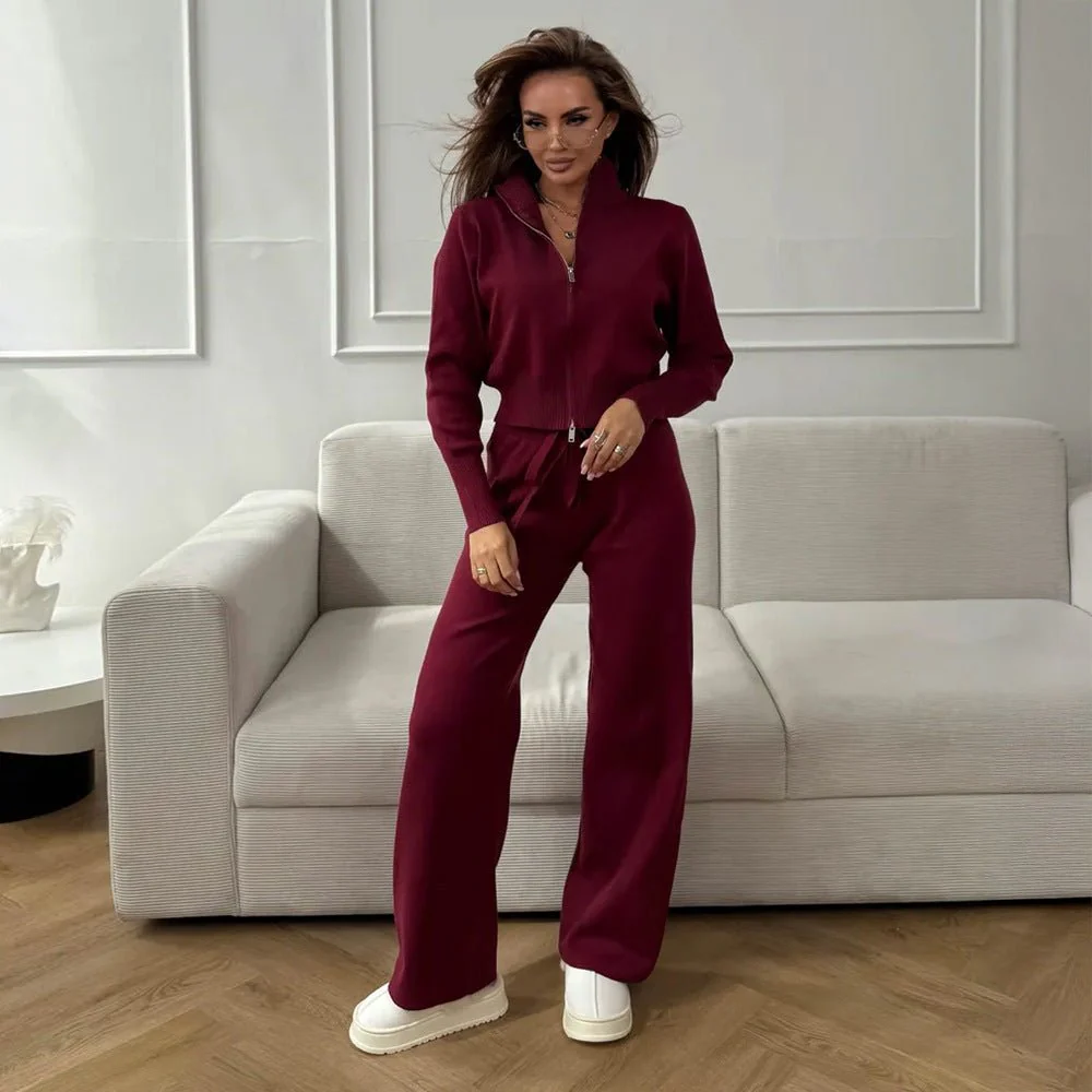 The Urban Cozy | Solid Color Knit Zipper Two-Piece Set  FD - Image 4