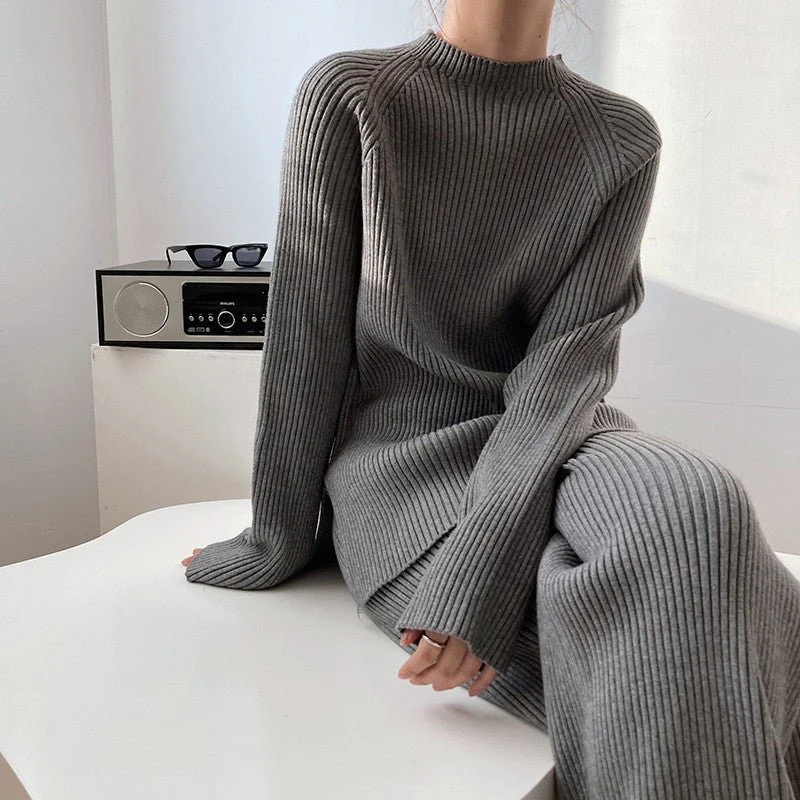 The Urban Cozy | Solid Color Split Knit Sweater & Wide-Leg Pants Set - Image 10