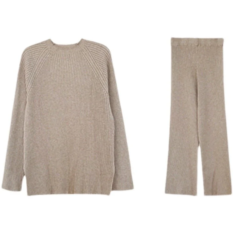 The Urban Cozy | Solid Color Split Knit Sweater & Wide-Leg Pants Set - Image 11