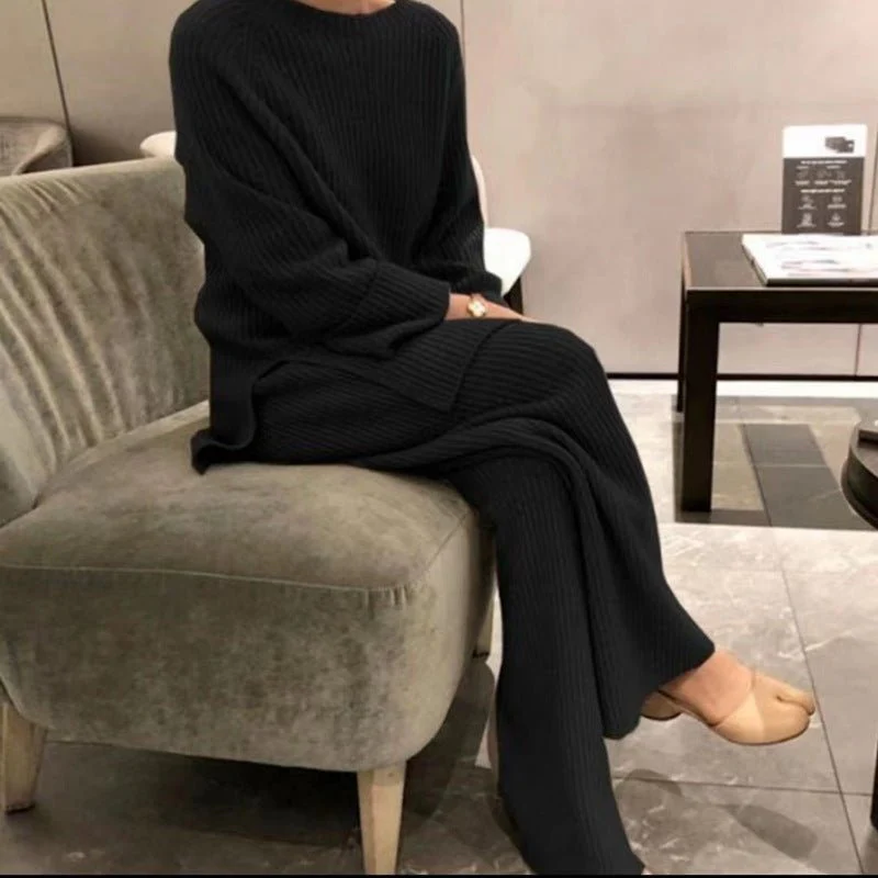 The Urban Cozy | Solid Color Split Knit Sweater & Wide-Leg Pants Set - Image 4