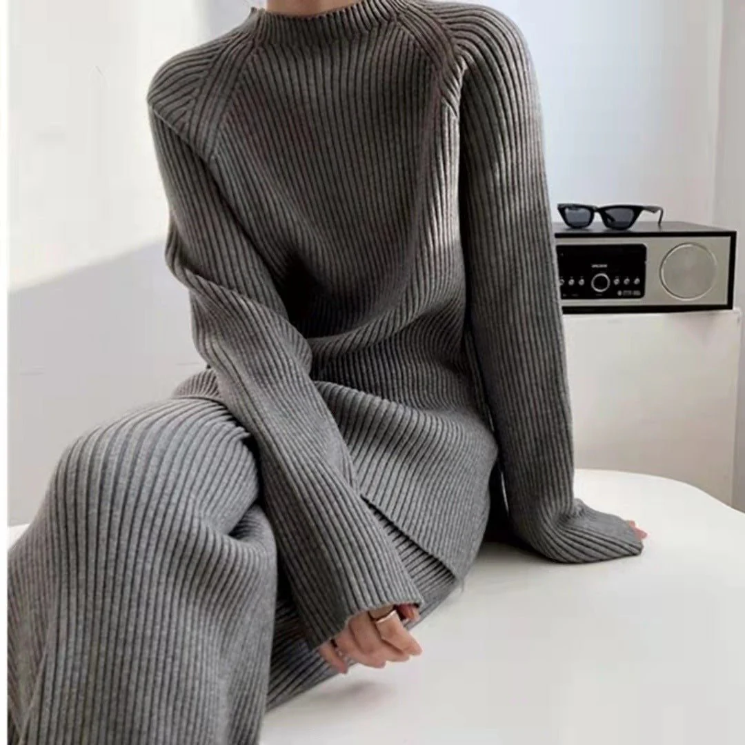 The Urban Cozy | Solid Color Split Knit Sweater & Wide-Leg Pants Set - Image 7