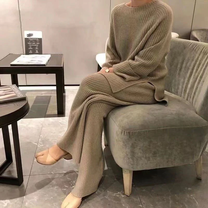 The Urban Cozy | Solid Color Split Knit Sweater & Wide-Leg Pants Set - Image 9
