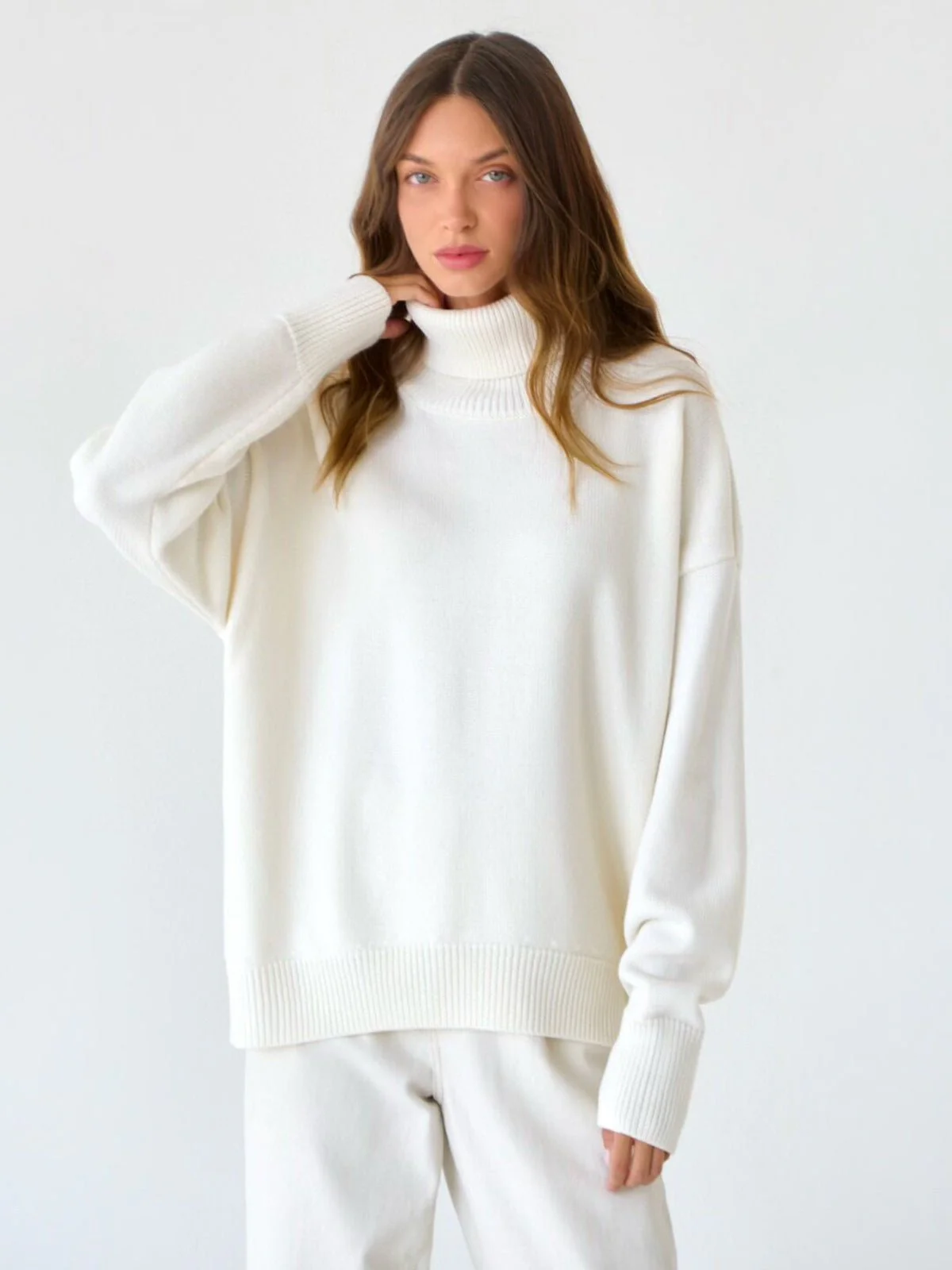 The Urban Cozy | Solid Color Turtleneck Hooded Knit Sweater - Image 4