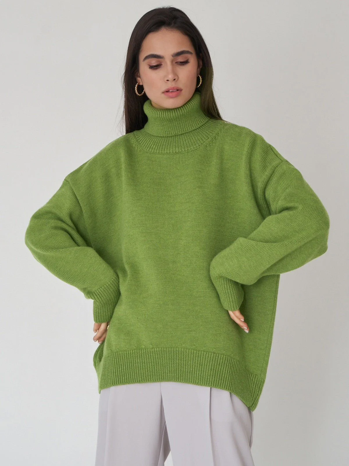 The Urban Cozy | Solid Color Turtleneck Hooded Knit Sweater FD - Image 2