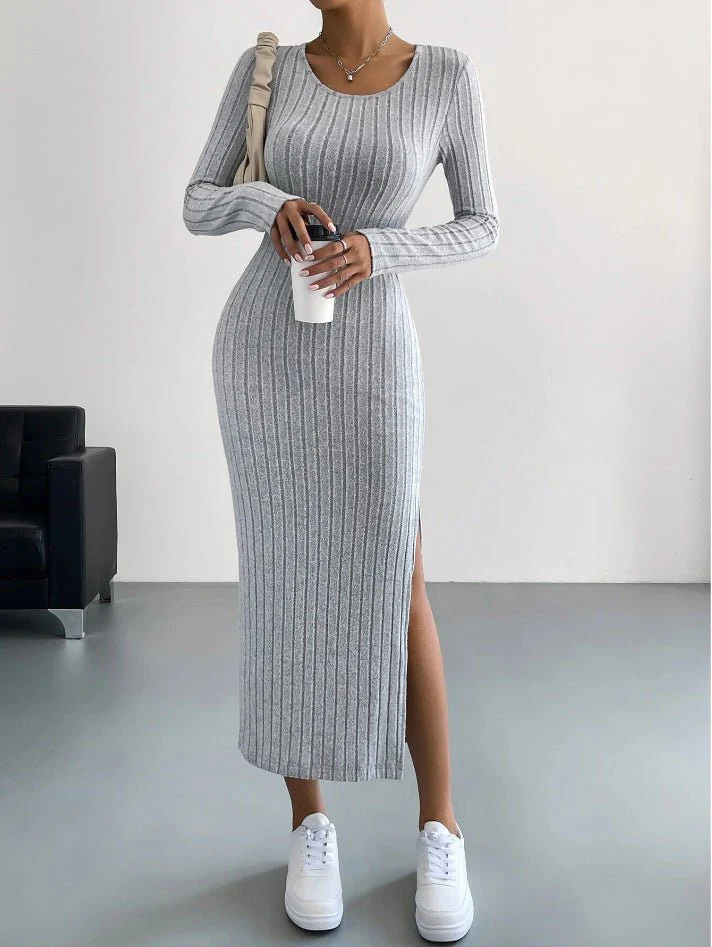 The Urban Flow | Solid Color Hooded Long-Sleeve Slit Maxi Dress FD