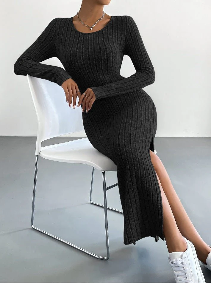 The Urban Flow | Solid Color Hooded Long-Sleeve Slit Maxi Dress FD - Image 2